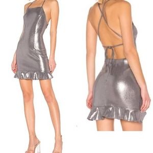 Revolve dress New Darlah Square Neck Exposed Back Ruffle Hem Mini Silver Dress